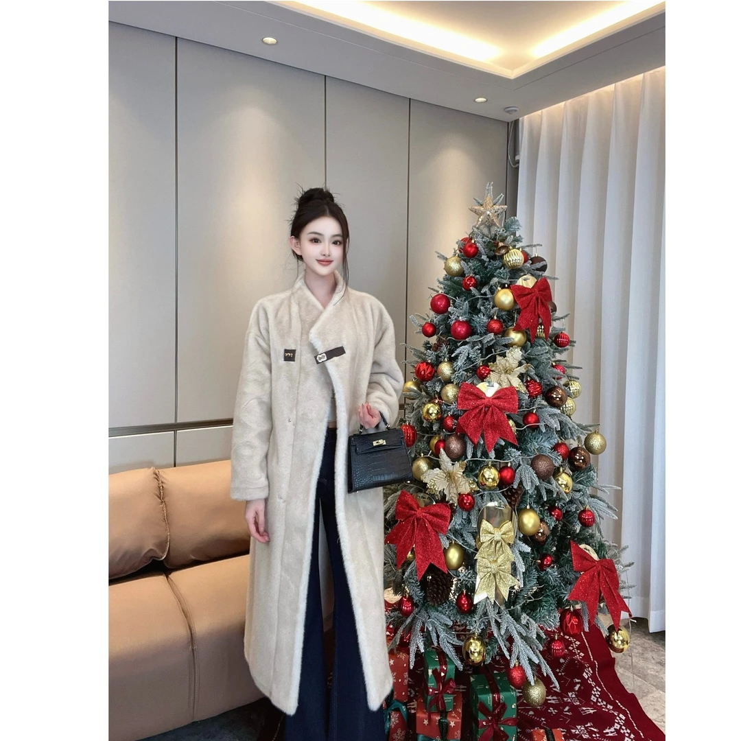 2024网红慵懒午后女款冬季气质时尚皮扣长款毛毛外套显瘦百搭宽松