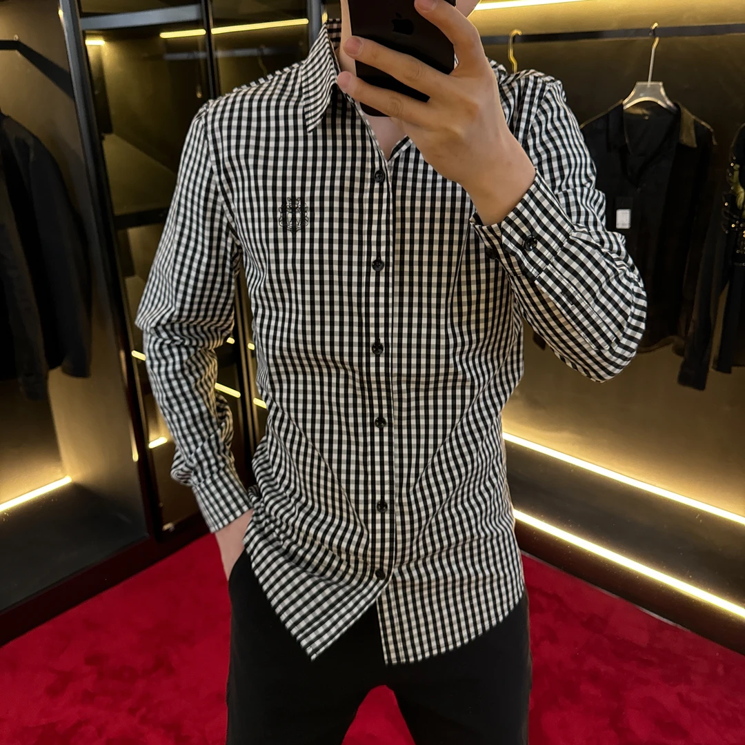 3167-修身春秋款男士休闲时尚格纹长袖衬衫帅气