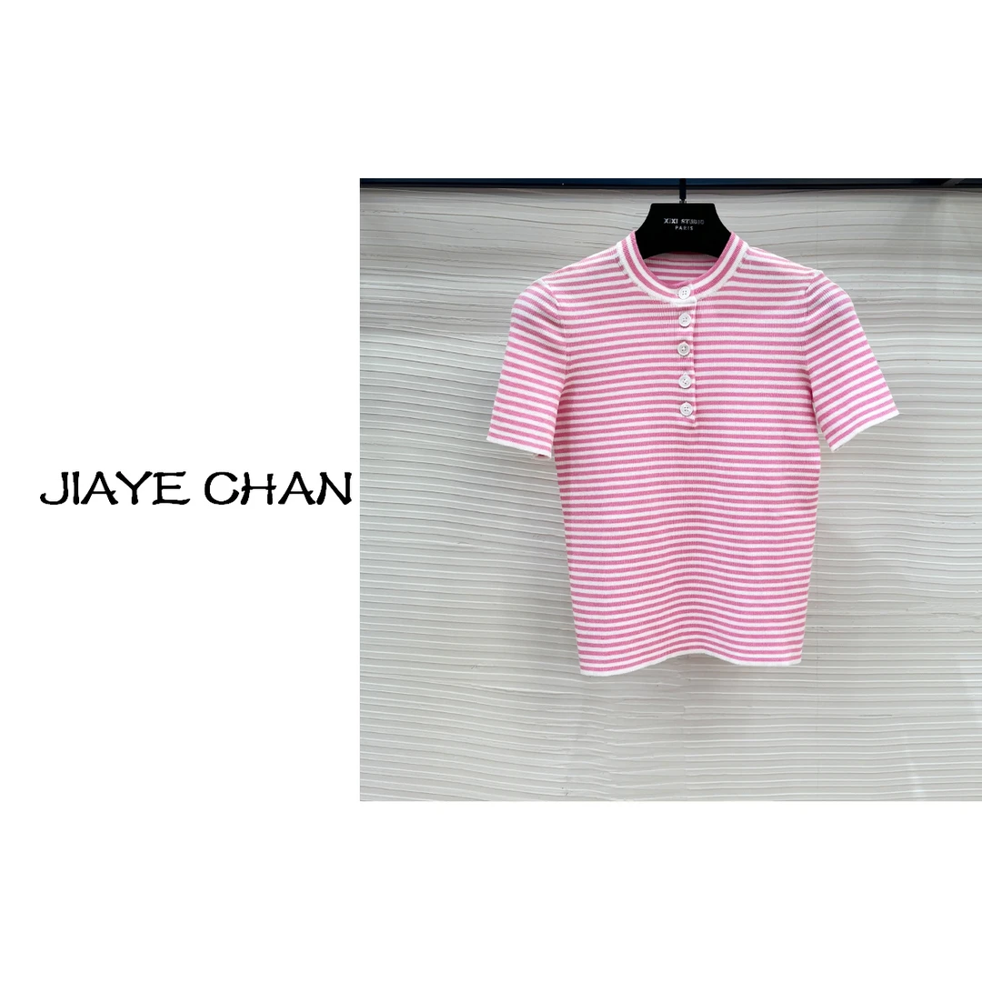 JIAYE CHAN 夏季新款立领条纹撞色纽扣套头针织修身上衣