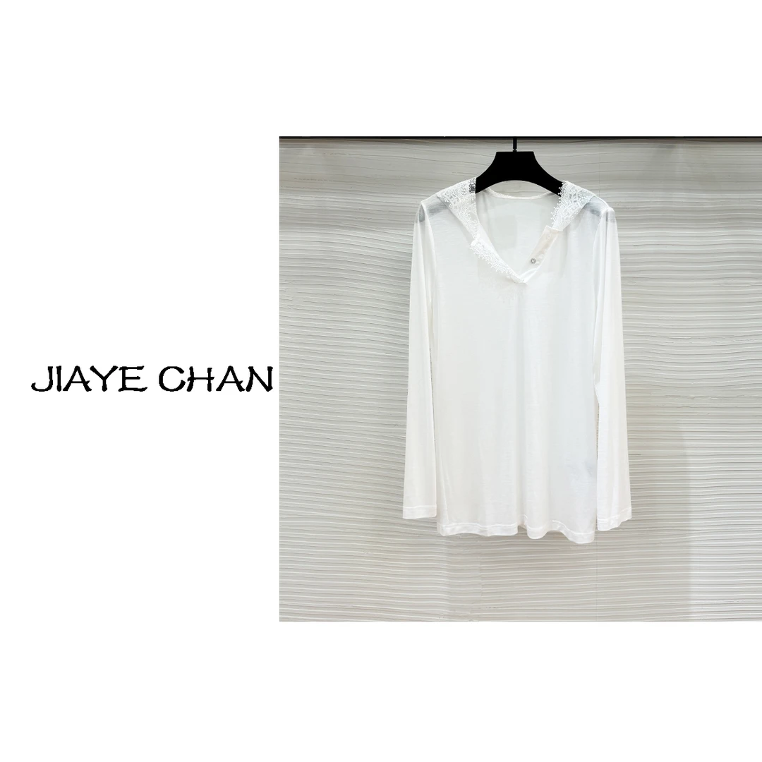 JIAYE CHAN   新款时尚钩花蕾丝连帽休闲宽松上衣