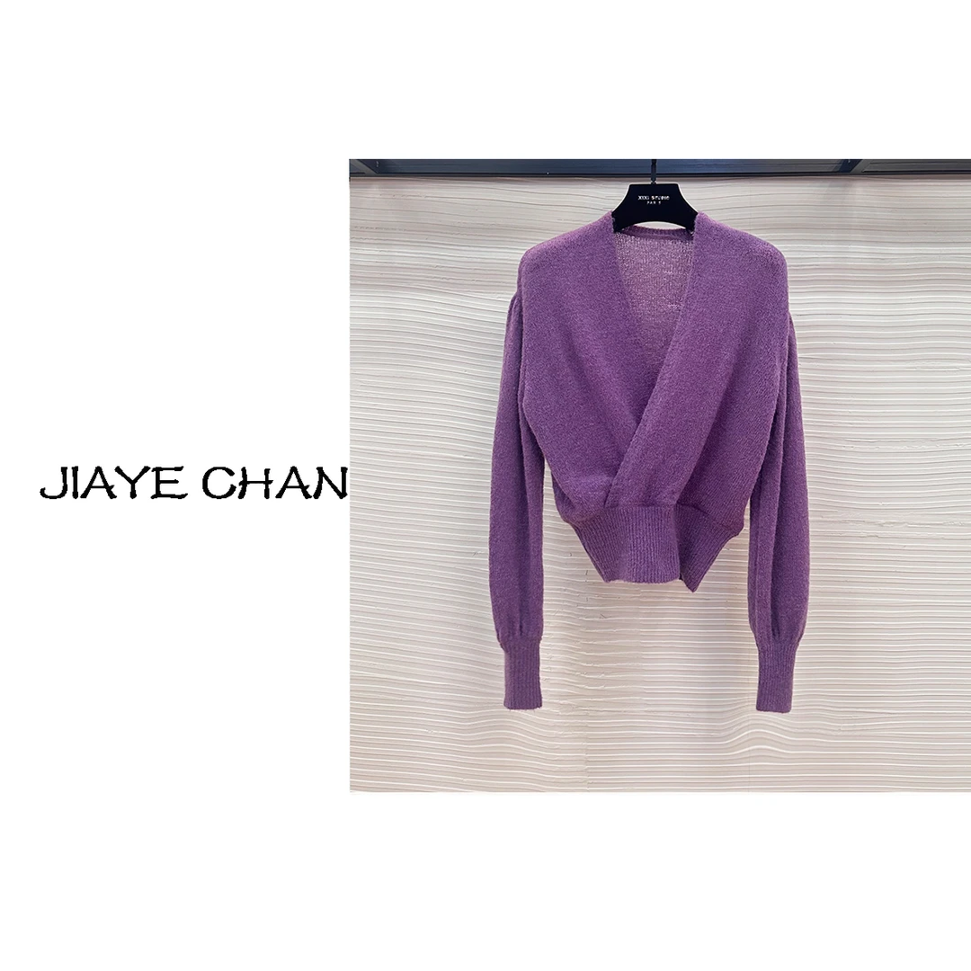 JIAYE CHAN 新款优雅气质紫色V领针织长袖上衣