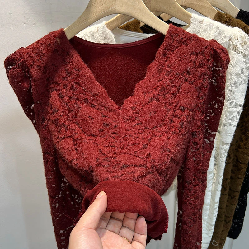 大码加绒长袖蕾丝衫女裝胖mm秋冬季洋气显瘦内搭泡泡袖打底衫上衣