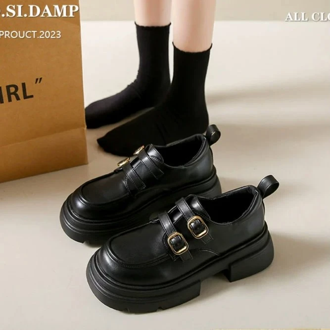 英伦风加绒小皮鞋女2023秋冬新款一脚蹬jk单鞋舒适百搭厚底乐福鞋