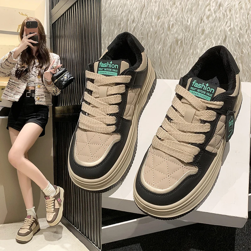 网红加绒小白鞋女鞋2023新款冬季厚底学生板鞋百搭休闲运动二棉鞋