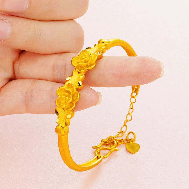 2025新款复古开口喷砂花朵手镯心形尾坠女手环可调节