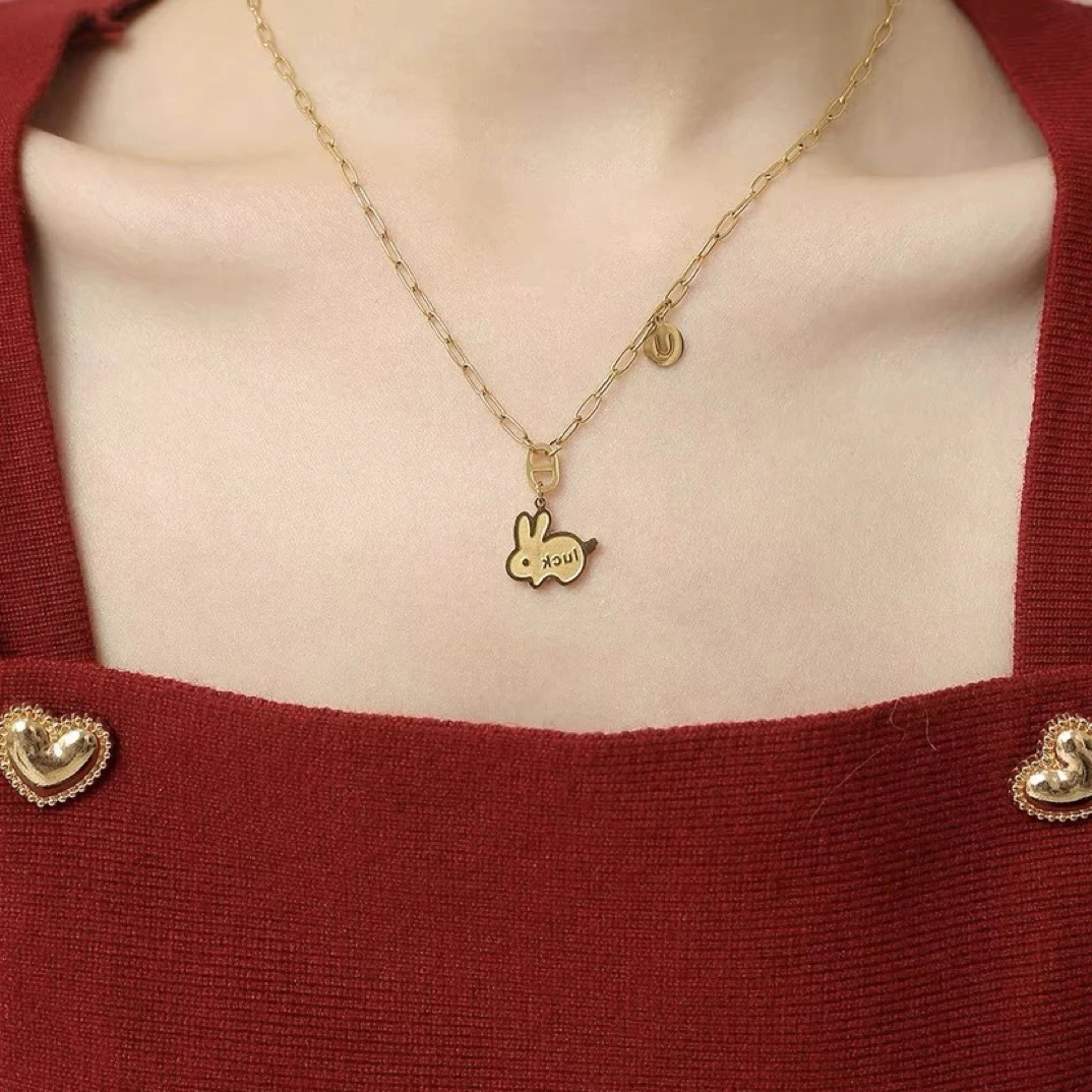 钛钢项链 钛钢项链 luck you幸运兔项链光影兔子可爱毛衣链