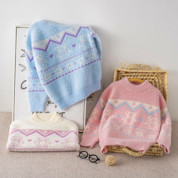 2023年秋冬新款，水貂绒韩式宽松小香风儿童针织加厚圆领毛衣