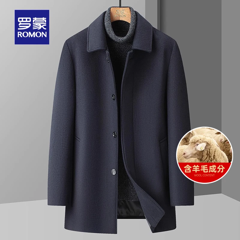 【含羊毛】罗蒙男士时尚休闲毛呢大衣2024冬季新款中长款呢子外套