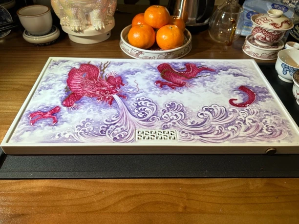 景德镇陶瓷粉彩红龙游海长条长方形高端茶盘家用方盘中式印花桌面