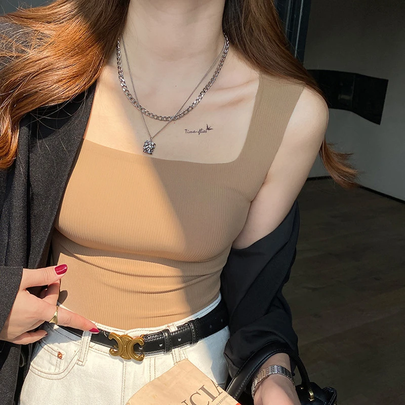 方领螺纹背心吊带时尚打底宽肩带内搭美背带胸垫