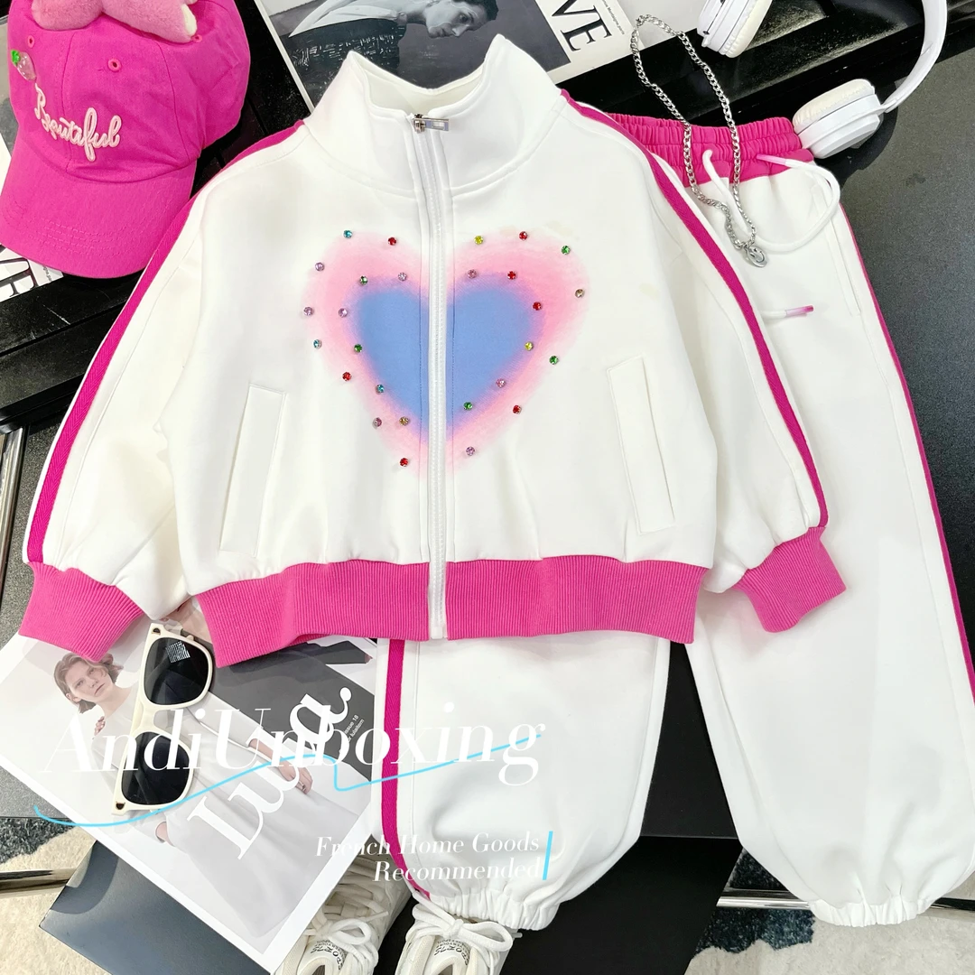 〖ANDI〗订制秋款女童重工桃心印花设计感拉链外套长裤套装2610