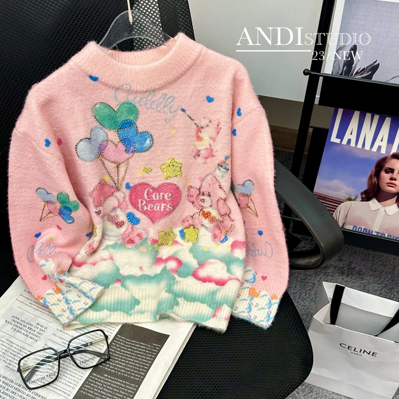 〖ANDI〗订制秋冬季中大童新款亮钻小熊卡通毛衣1946