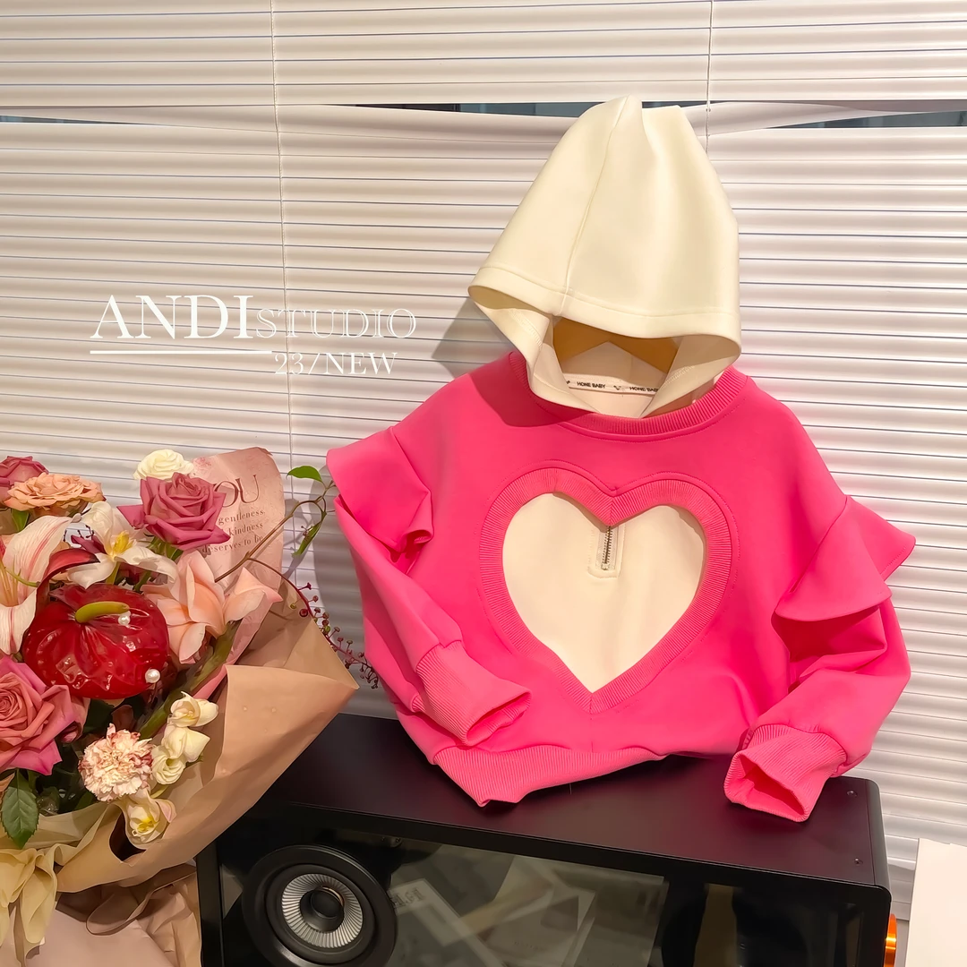 〖ANDI〗订制春秋2024新款中大童桃心撞色拼接连帽卫衣1666