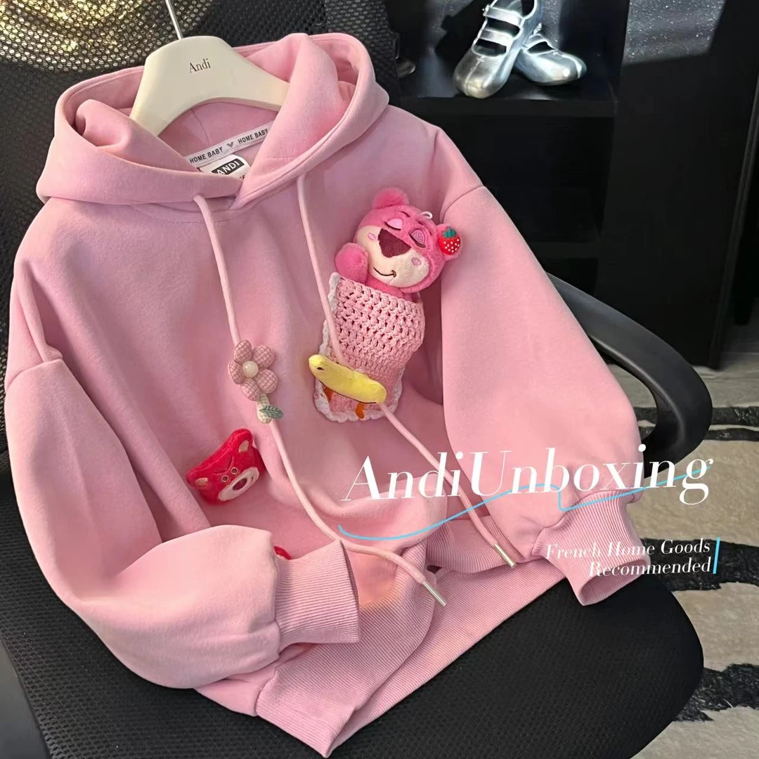 〖ANDI〗订制2024秋季新款女童可爱草莓熊连帽卫衣2587