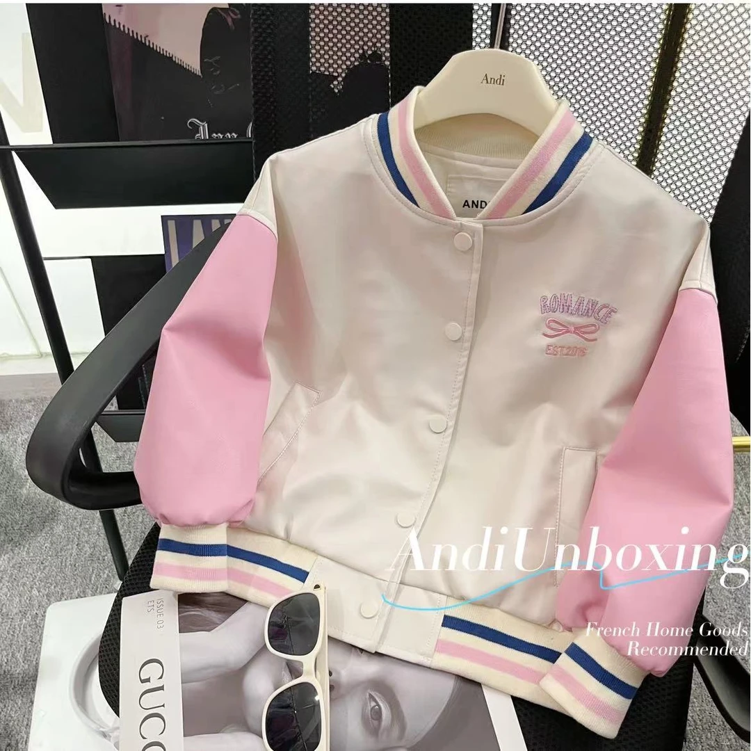 〖ANDI〗订制秋款新款女童拼色单排扣字母皮衣外套2627