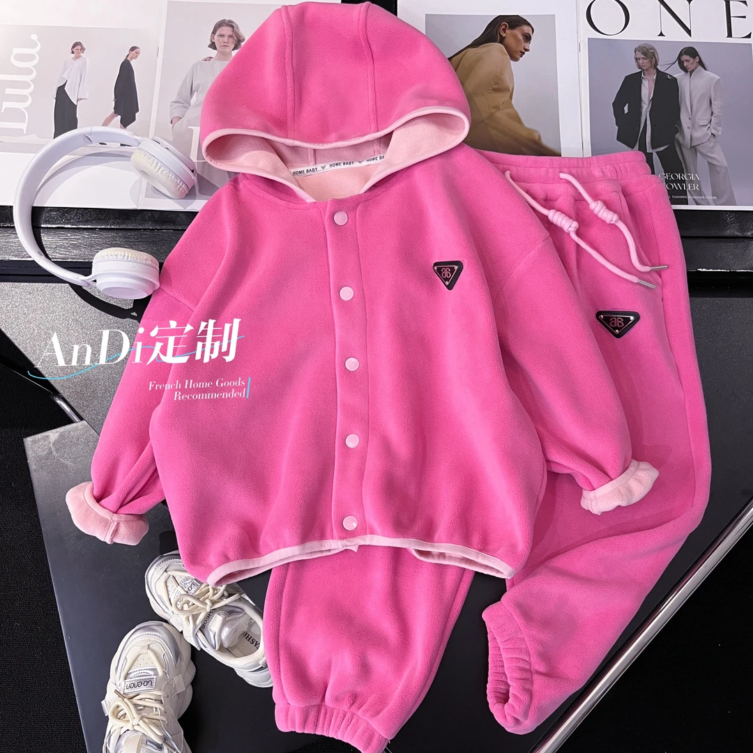 〖ANDI〗订制冬款中大童绒面单排扣连帽外套休闲裤两件套2920