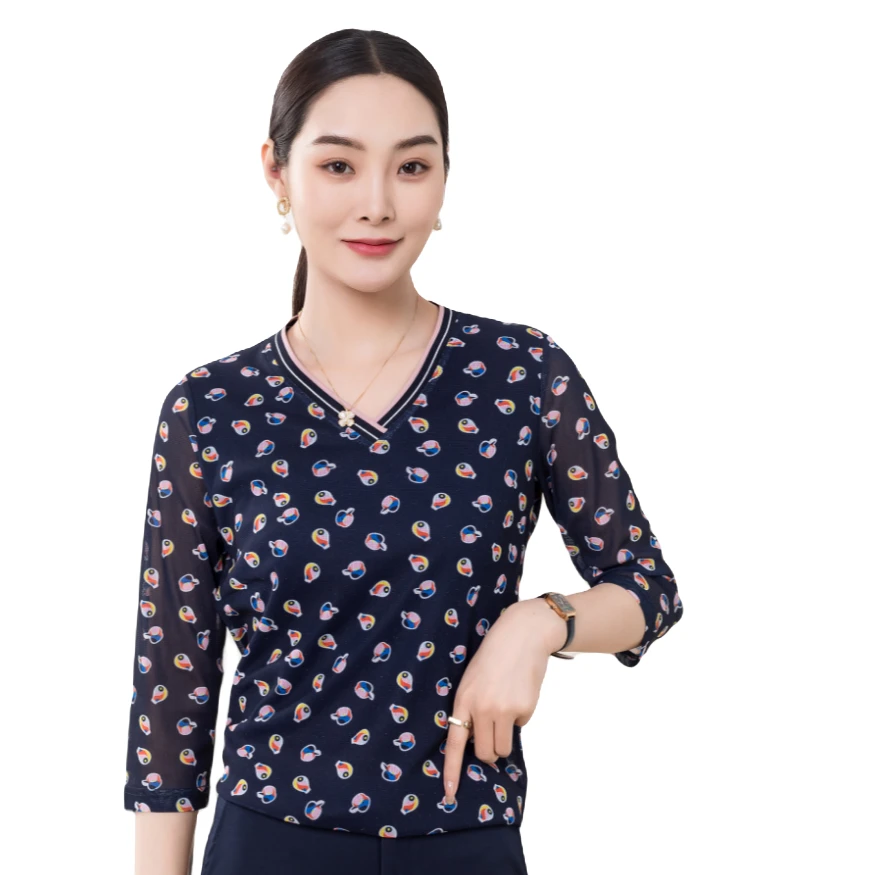 **【秋季新品】长袖女t恤印花V领气质碎花女百搭网纱显瘦长袖 T5207