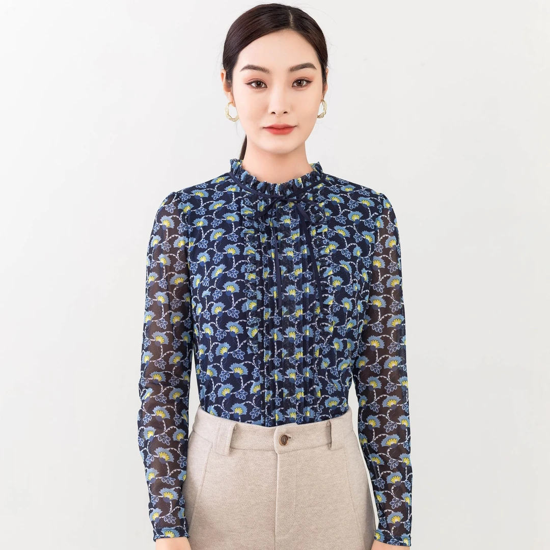 C6248碎花上衣斜裁长袖印花网纱弹力套头小衫女2025百搭新款