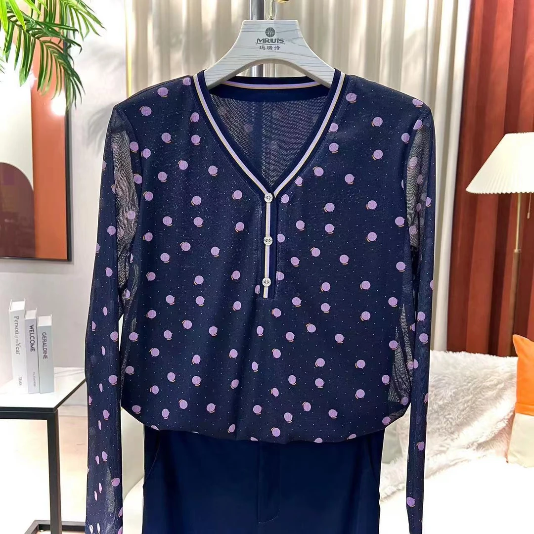 专柜波点新款女装V领罗纹拼接碎花T恤短袖网纱优雅长袖上衣T5073