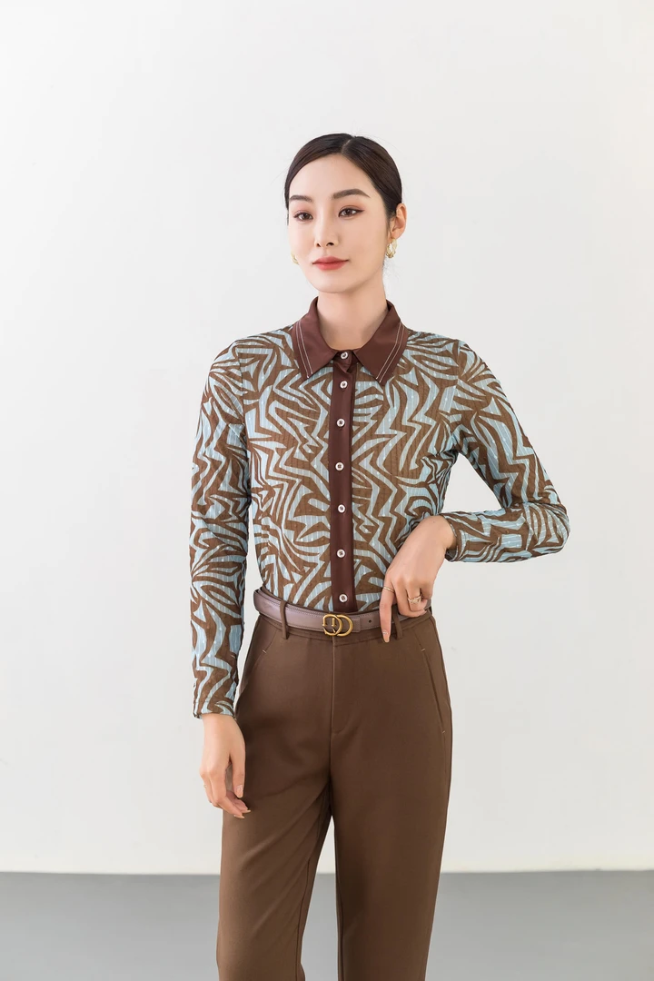 C6273 【商场同款】长袖衬衣春季翻领气质时尚印花百搭轻奢休闲洋气