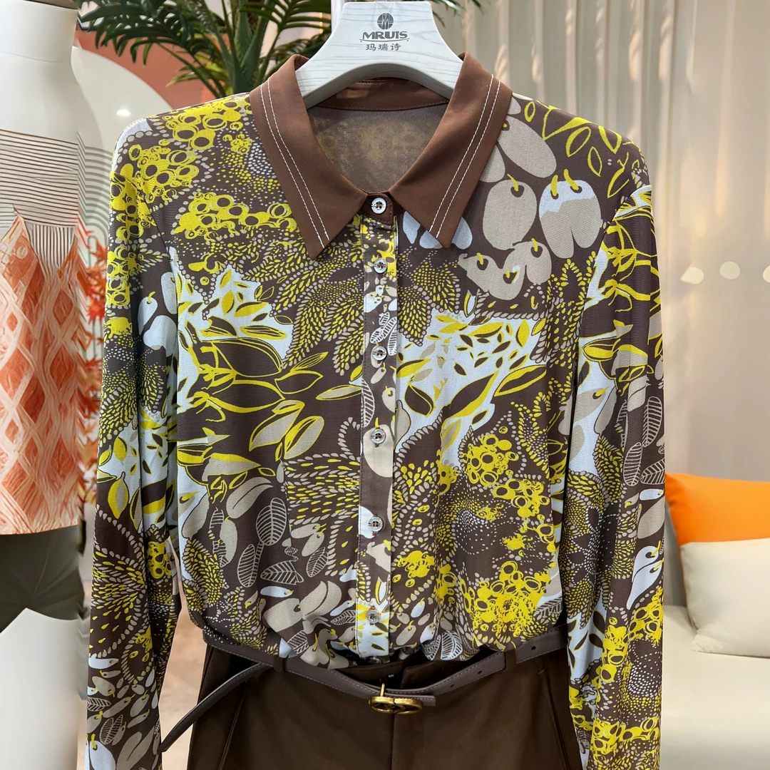 C6229【品商场同款】春季新款长袖衬衣时花衬衫夹克印花翻领上衣女