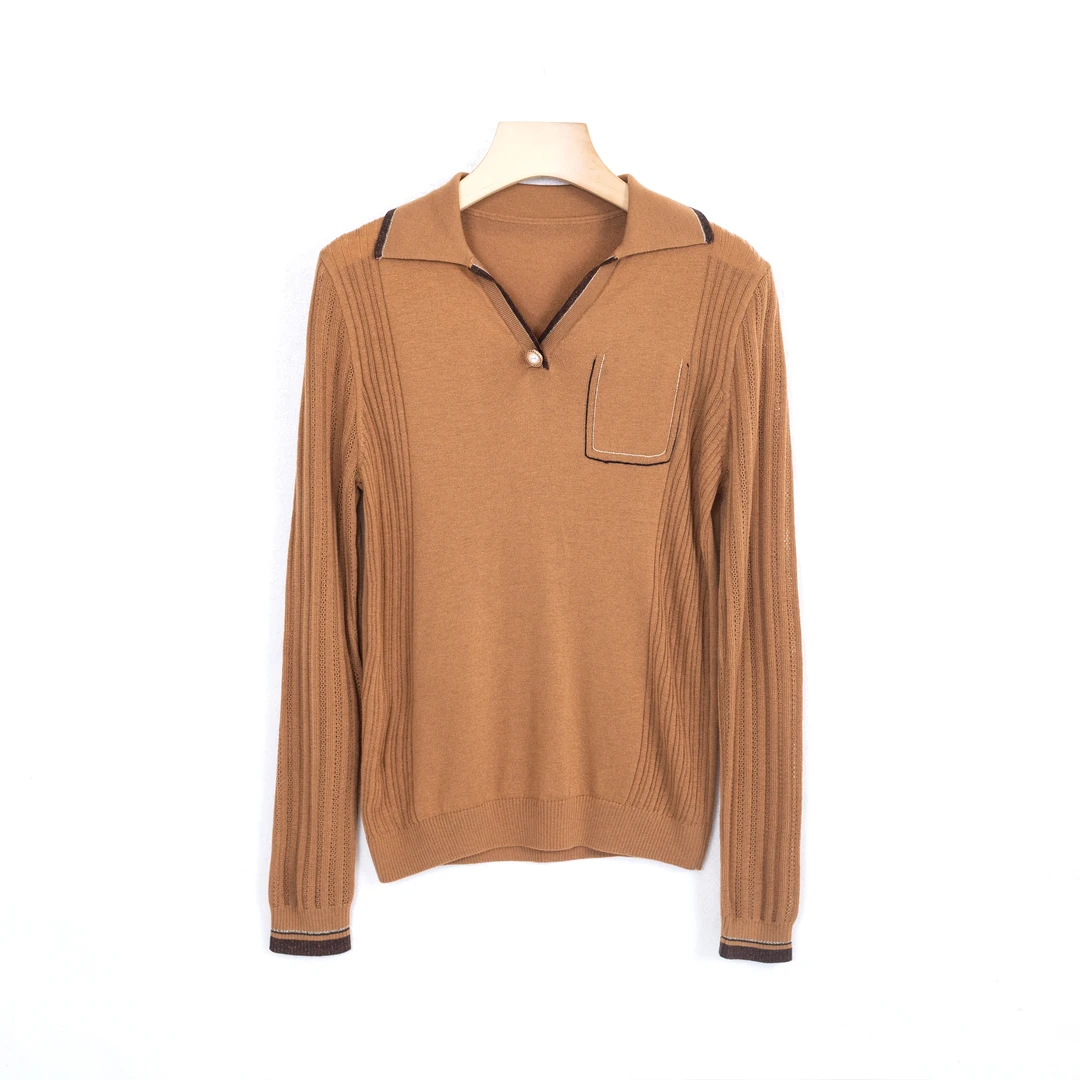 秋季新品女装翻领钉珠设计长袖薄款针织衫百搭针织长袖上衣MS002