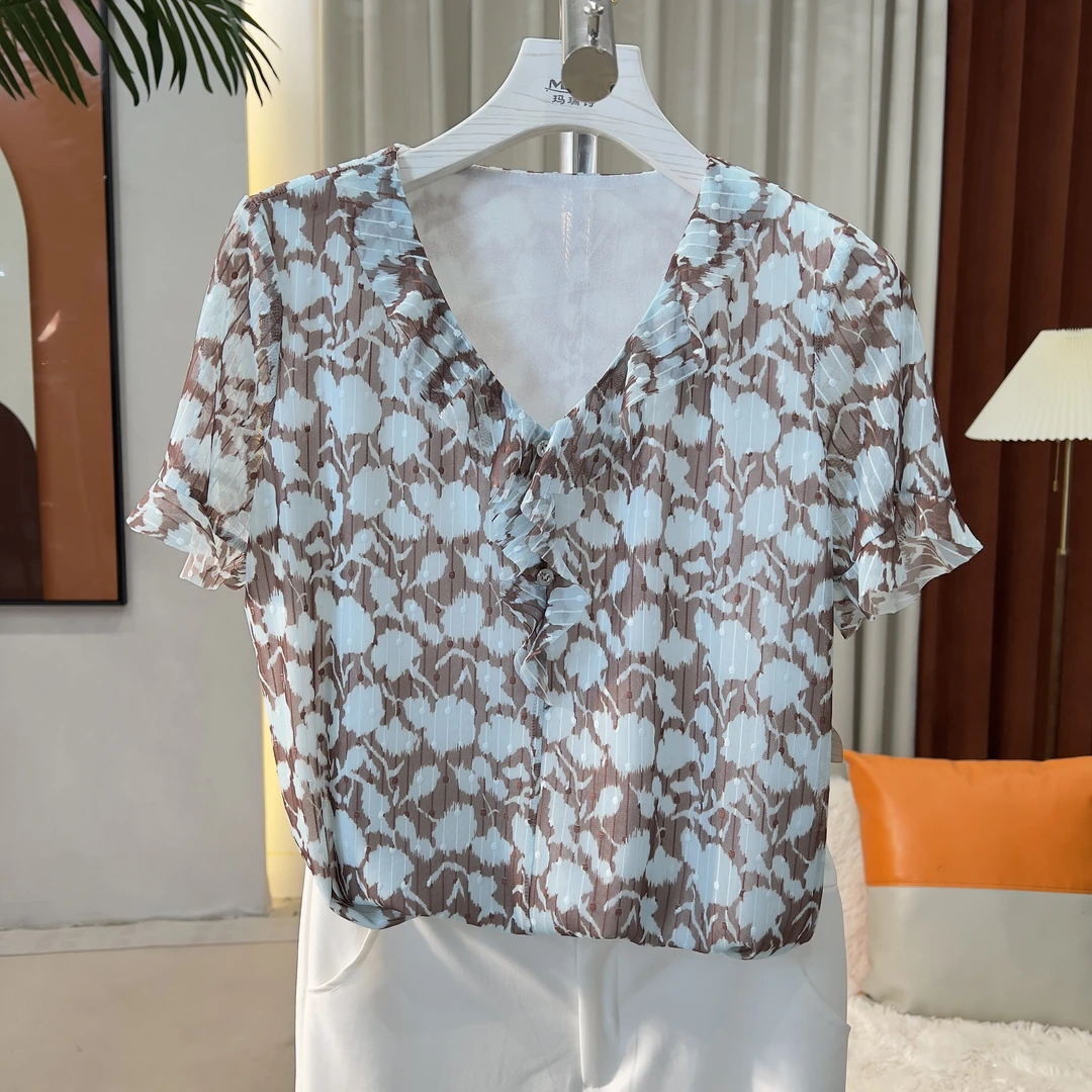 2025夏季新款女装V领花边碎花休闲透气短袖网纱百搭显瘦上衣T5029