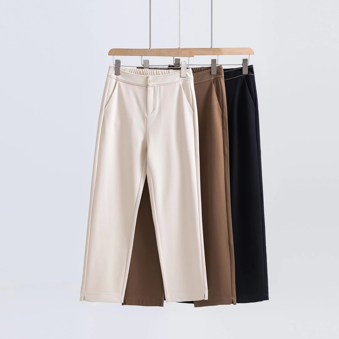 玛瑞施春夏季九分裤裤子醋酸宽松丝小个子法棍裤刺绣高腰显瘦阔腿