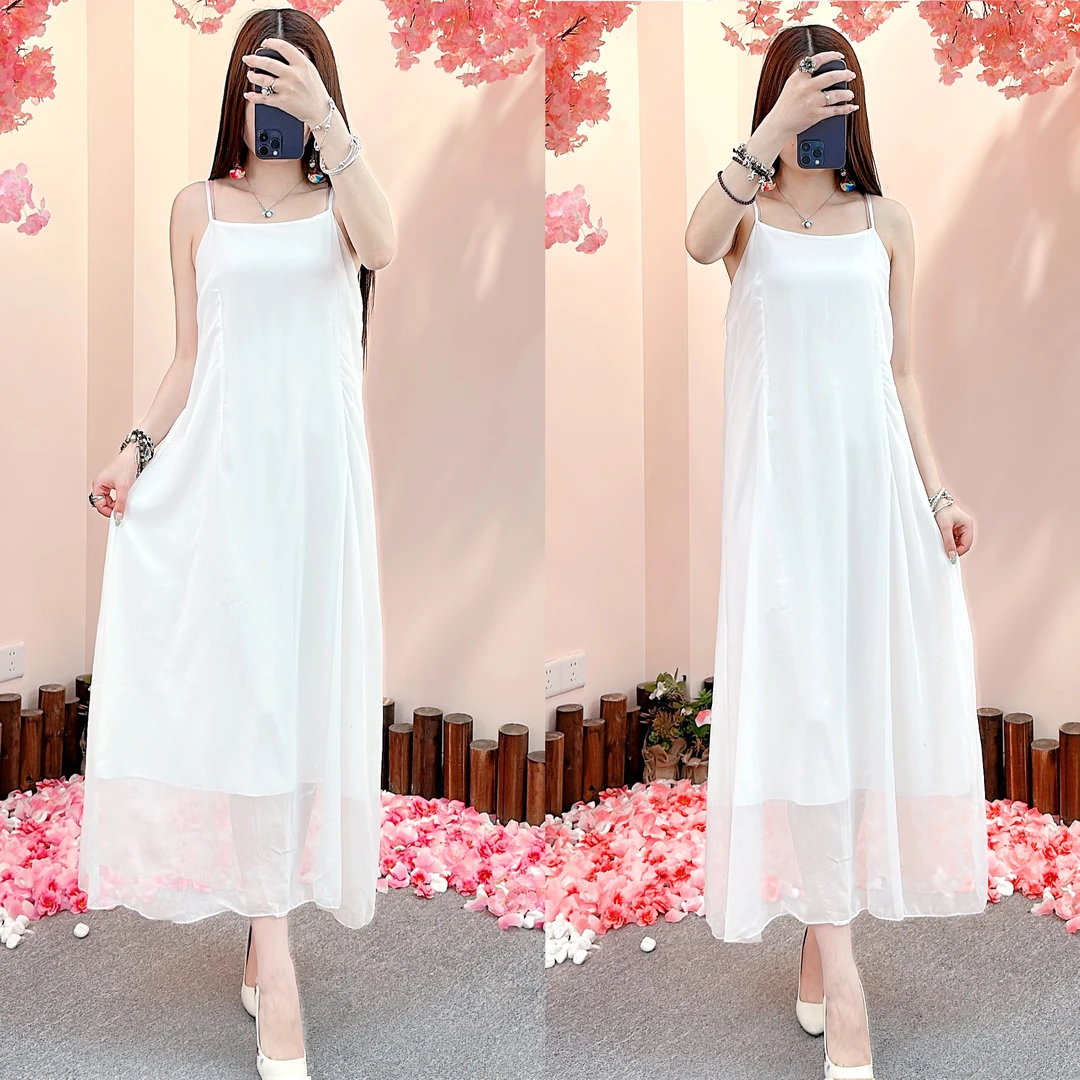 3067素雅时尚长裙背心裙连衣裙白色夏季纯色长款显瘦吊带裙打底