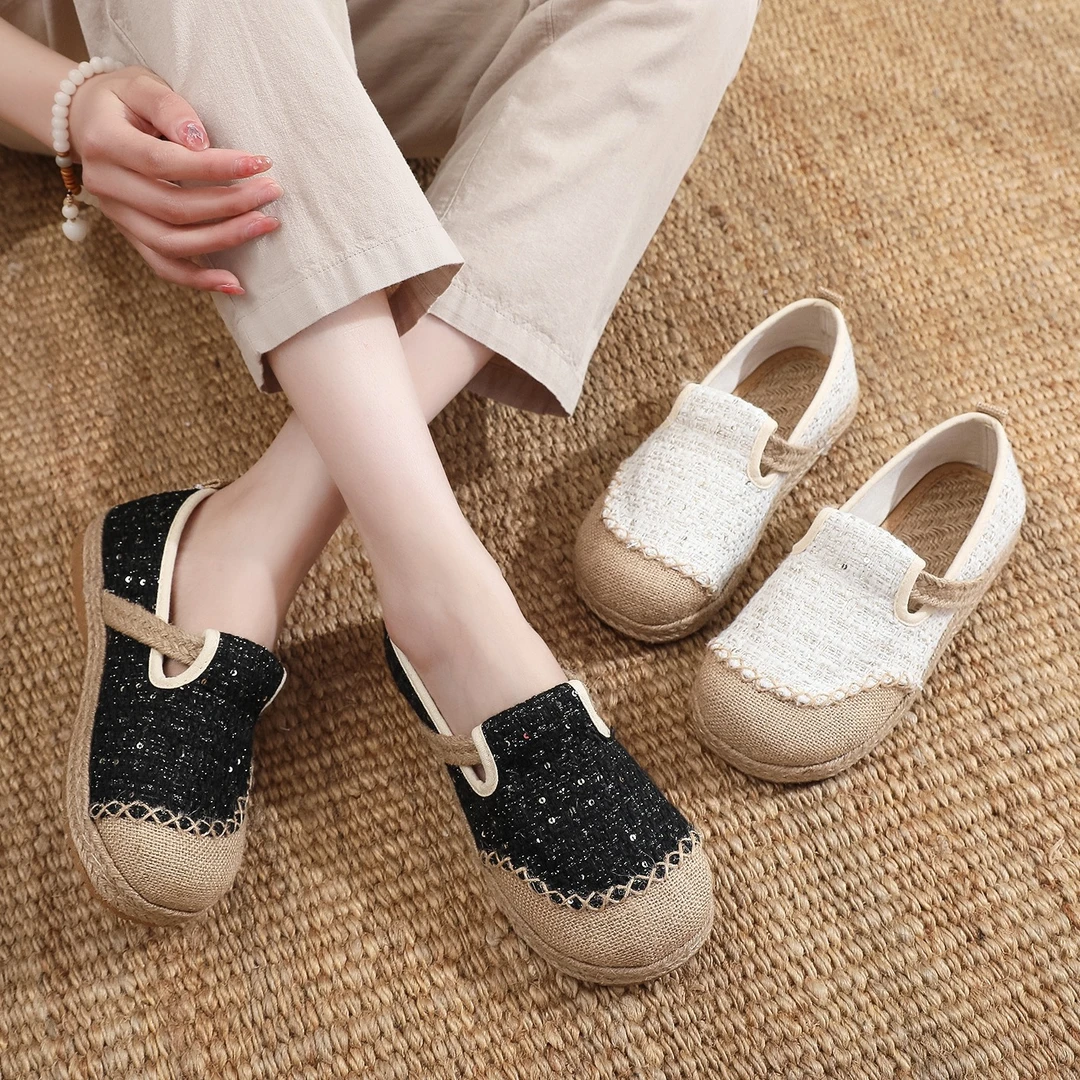 新款小香风内增高女鞋居家一脚蹬老北京布鞋坡跟亚麻鞋民族风布鞋
