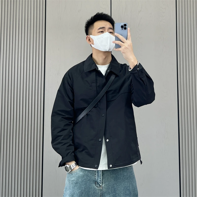 梅一天日系翻领纯色简约外套男春秋季新款户外宽松休闲上衣夹克潮