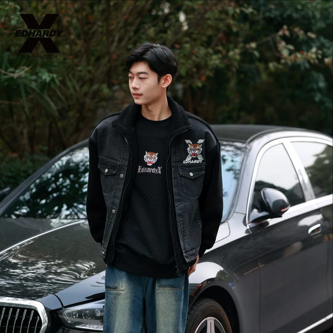 EDHARDY X虎头刺绣牛仔外套羊羔绒edx潮牌痞帅春季X1A4FA10966