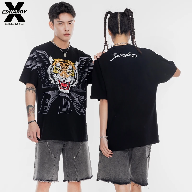 EDHARDY X休闲圆领短袖夏季新款烫钻虎头翅膀印花T恤上衣X1PBU535