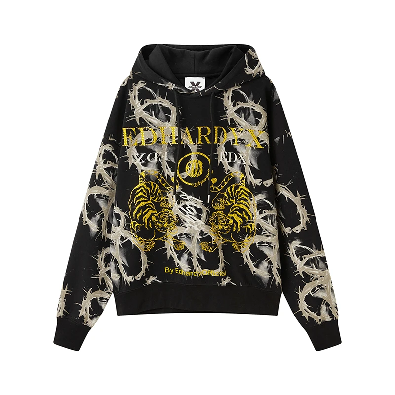 EDHARDY X猛虎荆棘连帽卫衣高级感男装痞帅宽松休闲时尚X1ODUD02