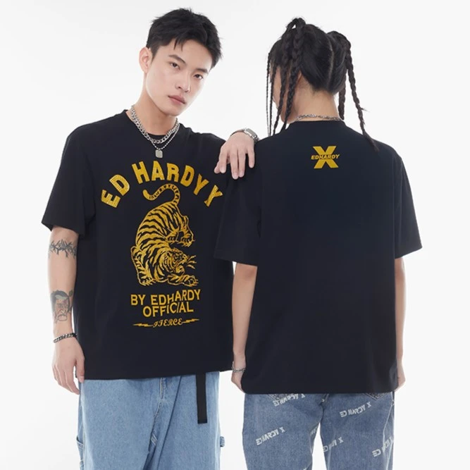 EDHARDY X烫钻猛虎短袖T恤edx潮牌纯棉时尚夏季痞帅情侣X1PBU460