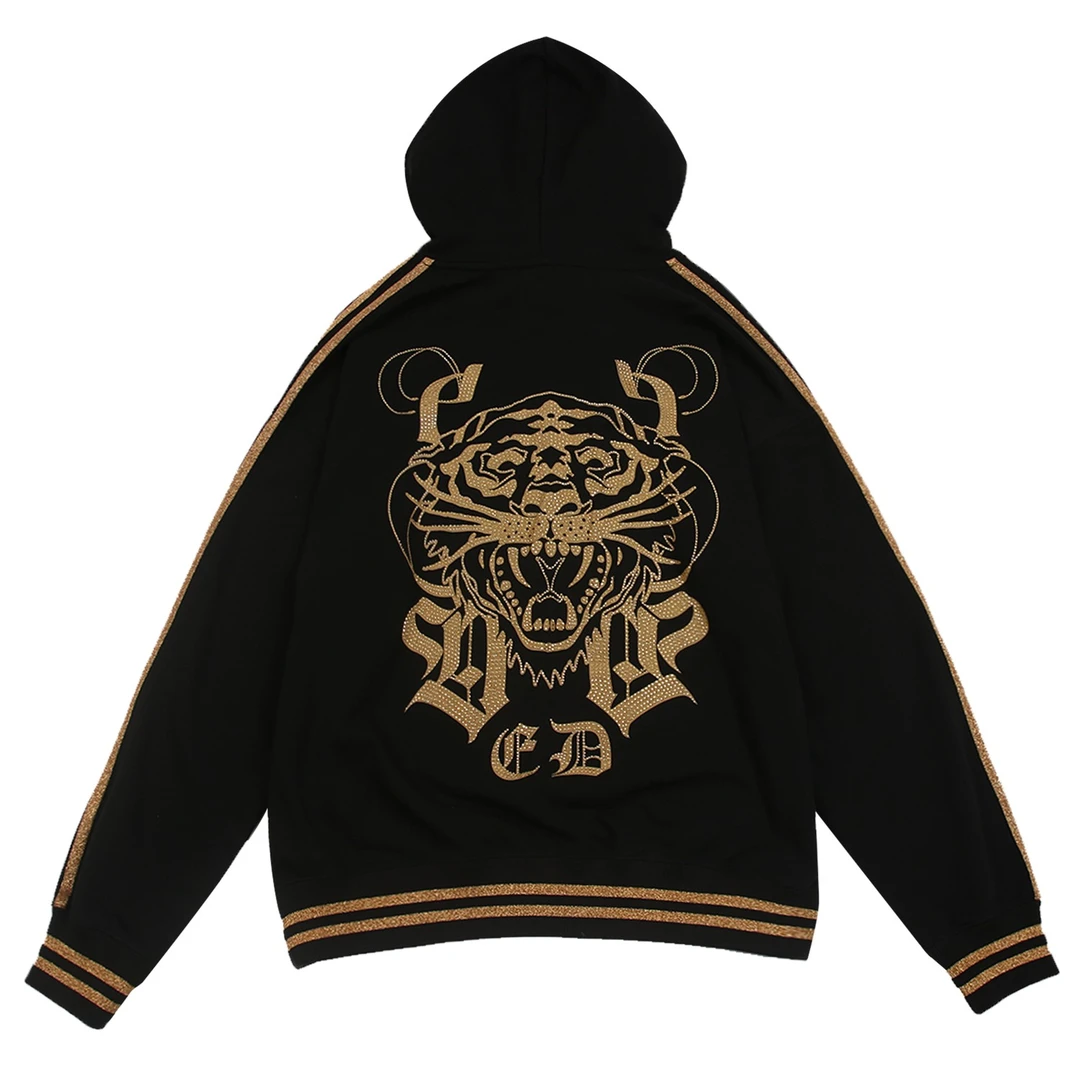 EdHardyX潮牌虎头烫钻镶金印花宽松连帽卫衣秋冬潮牌X1NCU813