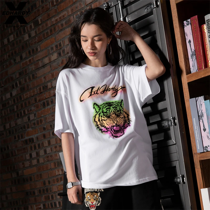 EDHARDY X潮牌老虎头短袖T恤纯棉夏季痞帅情侣时尚X1B2TA122202