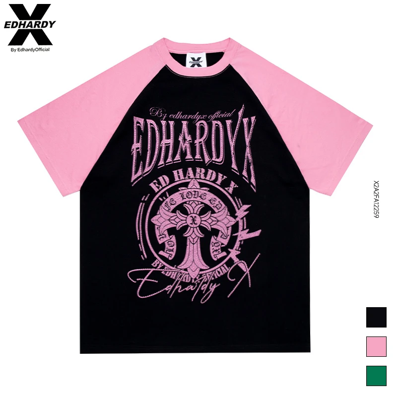 EDHARDY X夏季圆领短袖美式复古休闲情侣半袖潮流T恤X2A2FA12259