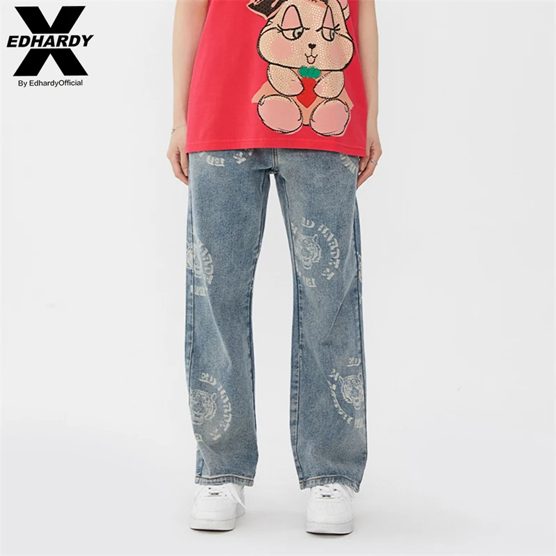EDHARDY X雕印虎头时尚休闲直筒牛仔长裤时尚秋冬百搭X1ODUD11