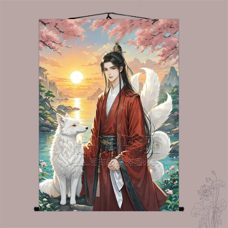 新款九尾狐男真身像胡九霄挂画胡家仙东北出马堂口供奉绢布装饰画