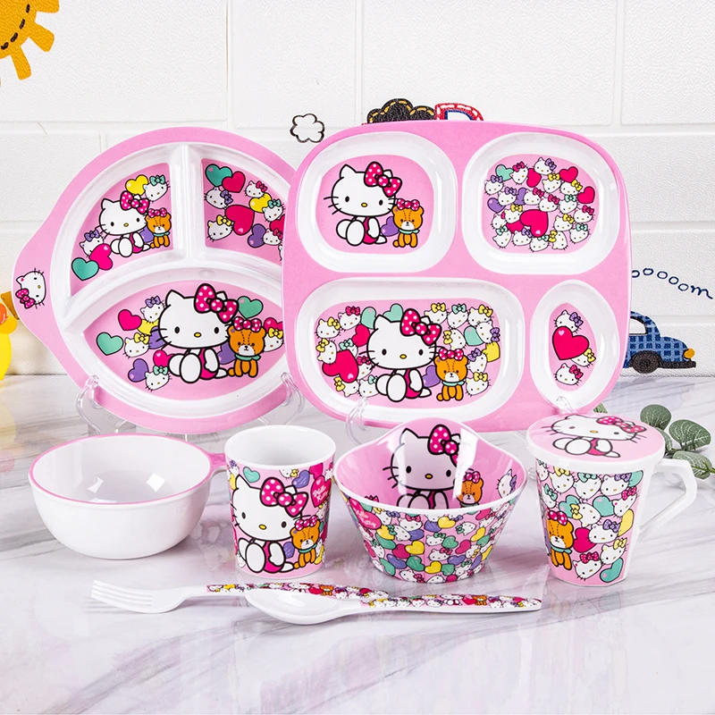 卡通儿童碗KT猫餐具套装水杯宝宝分格餐盘宝宝辅食吃饭碗家用耐摔