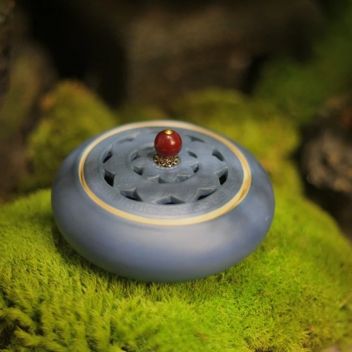 红运当头仿古禅意蓝莲花陶香炉家用打香篆盘香炉线香陶瓷客厅工艺