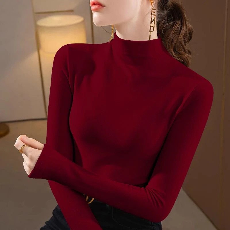 2024秋冬新款酒红色双面德绒半高领打底衫大码内搭保暖上衣女百搭