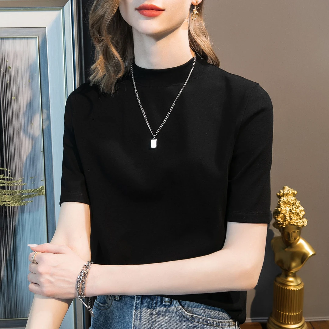 螺纹小圆领半袖打底衫女春夏季五分袖体恤百搭修身显瘦上衣