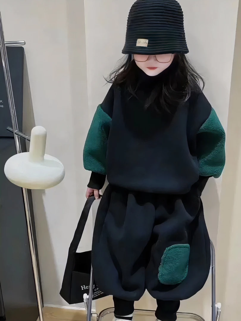 儿童韩版休闲拼接卫衣卫裤套装秋冬加绒款男女童上衣运动裤两件套