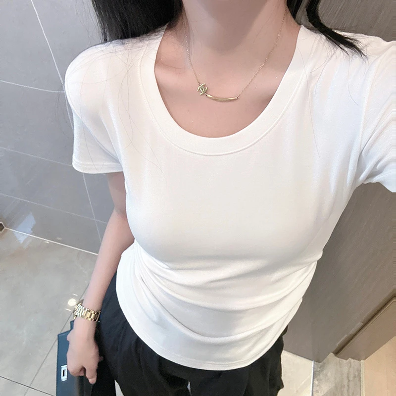 【清货啦】夏季圆领短袖T恤女高弹力圆弧褶皱气质百搭女U领上衣