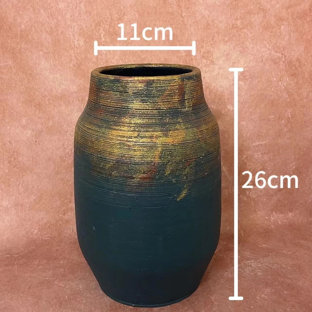 手工复古鎏金粗陶花盆复古透气绿植盆栽多肉植物创意高端无孔渗水