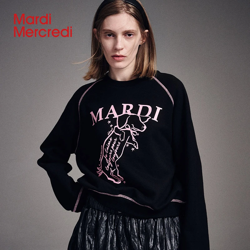 【Mardi Mercredi】摇尾珍珠小狗短款薄卫衣时尚百搭圆领长袖秋冬X