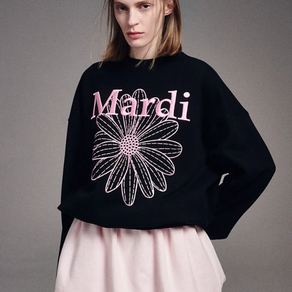 Mardi Mercredi刺绣小雏菊圆领卫衣休闲时尚宽松长袖秋冬黑色秋季