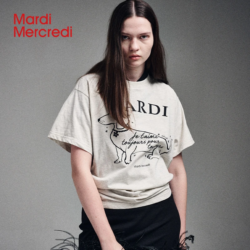 【MardiMercredi】侧脸珍珠小狗短袖印花t恤纯棉时尚百搭XG